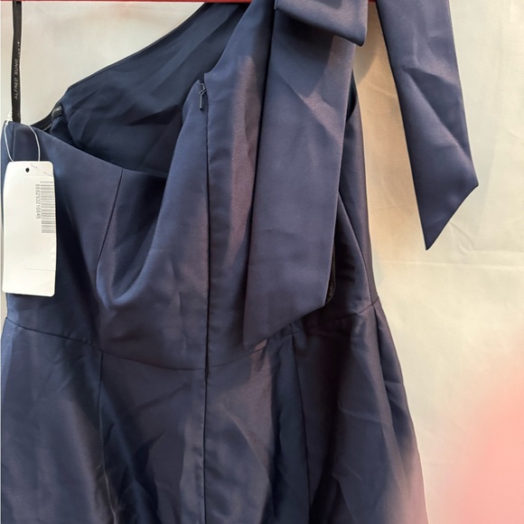 Alfred Sung Bow One Shoulder Satin Trumpet Gown Midnight Navy Size 12 - Picture 7 of 10